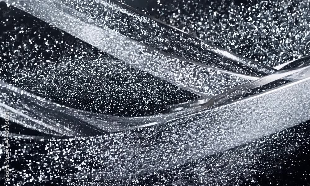 Poster Dancing ribbons of water shimmer under soft light in a darkened studio, creating an enchanting spectacle of droplets and reflections in a mesmerizing display of motion. Generative AI