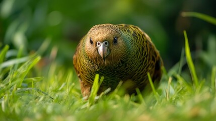 Exploring Kakapo: Unique Avian Species Walking in Lush Grass, Visually Distinct Features in Natural Setting, Symbolic of Conservation Efforts