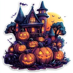Enchanting Chibi Halloween Town Sticker in 3D Fantasy Style with Glowing Jack O' Lanterns and Spooky Trees