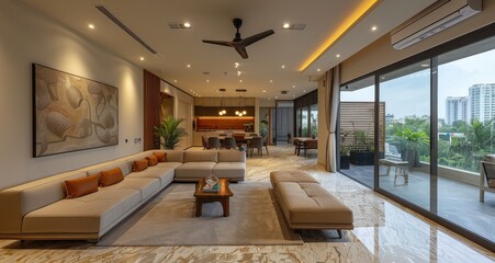Modern Indian living room interior design featuring spacious layout and contemporary furnishings in a bright, airy home