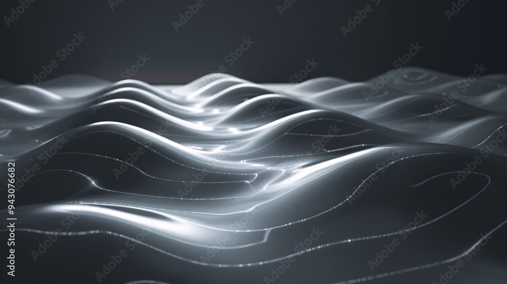 Poster illuminated wave pattern with soft glowing monochrome light on a dark canvas
