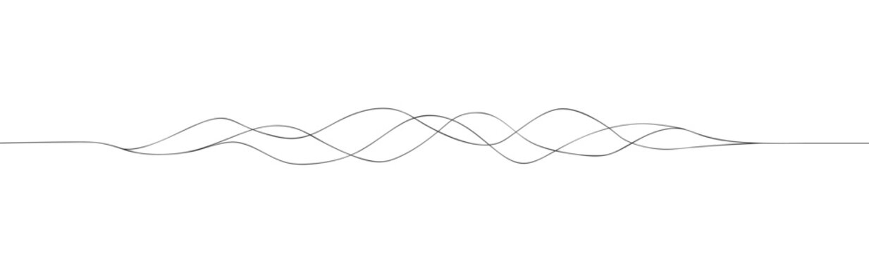 Thin wavy line pattern. Abstract wavy editable strokes. Simple linear design element. Black curve lines on white background. Rhythmic sound wave. Dynamic wave motion vector Illustration.