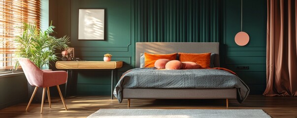 Modern bedroom with dark green wall, wood desk, and cozy decor