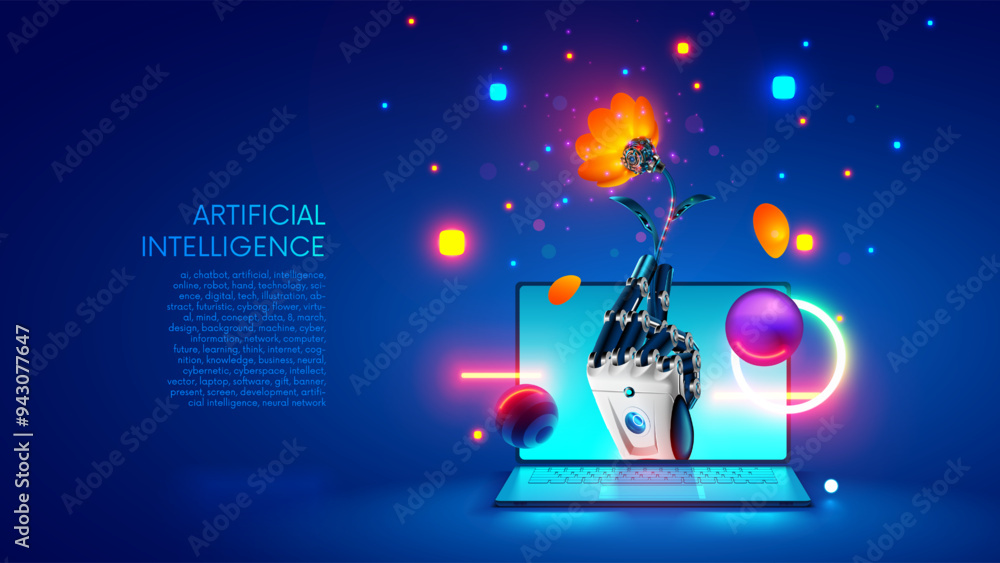 Poster Artificial intelligence gives a flower of knowledge. Robot hand. Robot hand with flower sticks out of screen laptop. Concept Software development with help AI. Online chatbot with AI. 8 march tech.