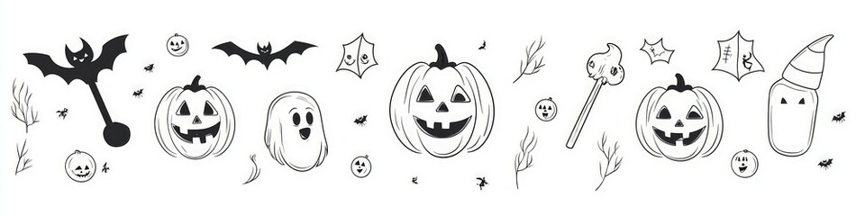 Minimalist smiling Halloween icons in black and white vector for clean designs.