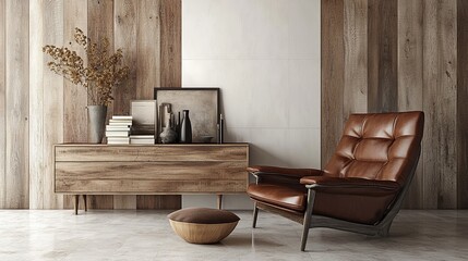 A cozy interior featuring a leather chair, wooden furniture, and decorative elements for a warm, inviting atmosphere.