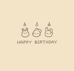 Simple happy birthday card design-three cute rabbit and birthday hats