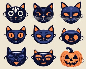 Fototapeta premium Halloween decoration vector masks of cats and pumpkins for parties.