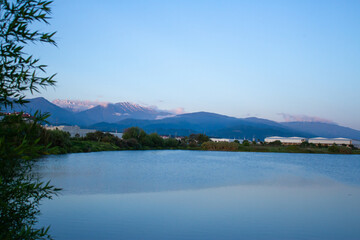 Landscape with a pond and mountains. Sirius (Adler) Sochi.