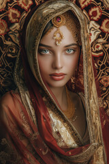 A woman wearing a red and gold head scarf and necklace