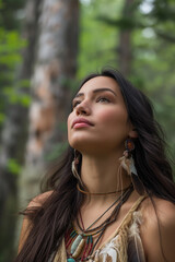 Naklejka premium A woman wearing a necklace and earrings is looking up at the sky