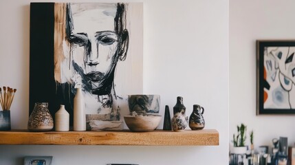 A minimalist shelf displaying artistic pottery and paintings, creating an aesthetic living space.