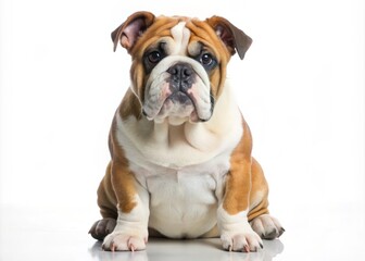 Obraz premium a photo image of an adorable english bulldog sitting on a white background with its ears folded back
