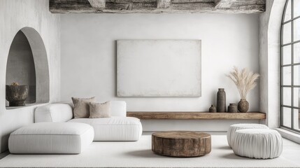 A serene living room featuring minimalist furniture, natural materials, and soft colors, promoting relaxation and comfort.