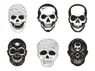 Halloween scary mask silhouettes in vector format, featuring mummy and skeleton.