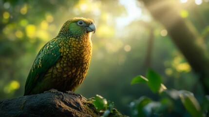 Obraz premium Early Morning Light Captures Kakapo on Rock, Forest Mist Rising, Peaceful Serene Atmosphere, Emphasizing Endangered Species