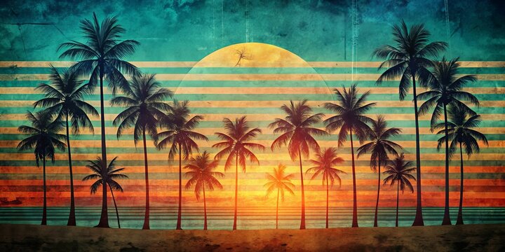 Fototapeta Vintage inspired graphic wallpaper with retro futuristic color scheme, palm trees, beach silhouettes, and grunge overlays