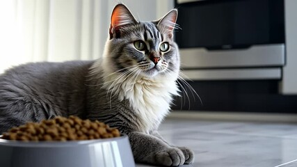 gray cat eats dry cat food  from white pest bowl, alert british shorthair cat with bowl of kibble in modern kitchen setting, pet nutrition and lifestyle brands