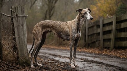 Obraz premium A High-Resolution Photograph of a Muddy and Tangled Stray Greyhound without a Collar