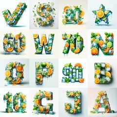 Fototapeta premium Ice cubes and mints and citrus Lettering Typeface. AI generated illustration