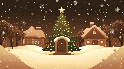 Naklejka premium Christmas – a charming treehouse decorated with warm lights in a snowy setting, creating a cozy and magical holiday scene, perfect for a festive and whimsical winter atmosphere.