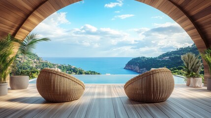 Obraz premium A serene view from a modern terrace overlooking the ocean, featuring cozy seating and lush greenery.