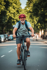 Naklejka premium International Day Of Older Persons: Active white senior man with gray hair, wearing a helmet and casual sportswear, joyfully riding a bike down a tree-lined street, enjoying a sunny day outdoors.