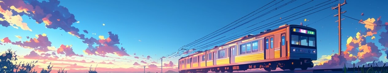 Surreal Flying Train: Whimsical Anime-Style Illustration of Railway Tracks Ascending to the Sky. Creative Concept Art for Book Covers, Video Game Backgrounds, and Digital Marketing Campaigns. AI-Gener