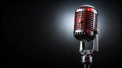 Vintage condenser microphone with red rim in dramatic lighting on black background, evoking nostalgia of classic music performances and radio broadcasts