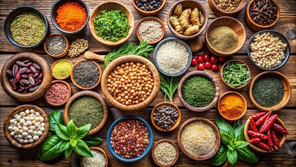 Fresh and vibrant assortment of seeds, grains, and herbs in wooden bowls representing healthy and creative culinary choices