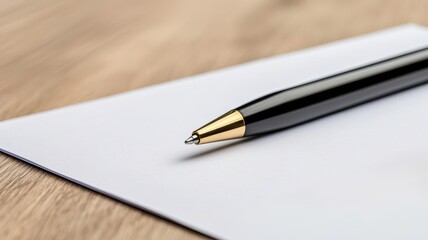 A close-up of a black pen resting on a blank sheet of paper. Ideal for illustrating writing, business, or creativity concepts.