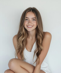 Naklejka premium young women in elegant white dresses, blending casual gala vibes with a hint of teen party energy. The white backdrop complements the happy, relaxed, and slightly playful mood of the shoot.