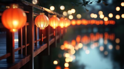 Chinese style lanterns are hung on covered bridges along the river