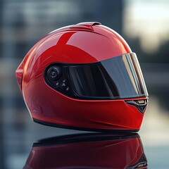 A shiny red motorcycle helmet placed on a reflective surface with a blurred background