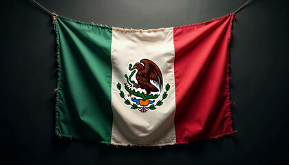 Aged Mexican flag with worn green, white, and red stripes and faded coat of arms, softly lit against a dark background.