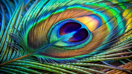Obraz premium A hyper-realistic 8K close-up showcasing the iridescent blues and greens of a peacock feather. The intricate barbules and the exquisite eye pattern are captured with exceptional clarity.