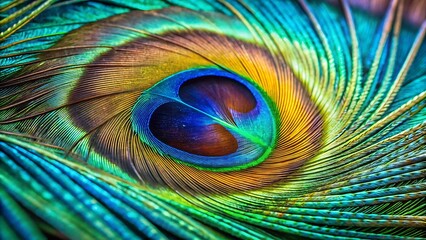 A hyper-realistic 8K close-up showcasing the iridescent blues and greens of a peacock feather. The intricate barbules and the exquisite eye pattern are captured with exceptional clarity.