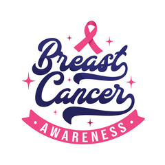 Obraz premium Breast cancer awareness typography vector illustration with pink ribbon. Breast cancer awareness campaign poster. Cancer awareness logo, label, sticker, t shirt design for print.