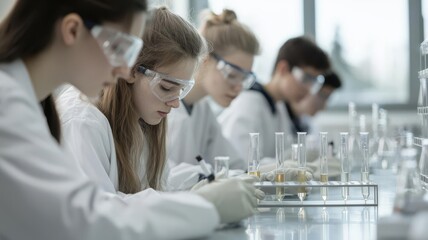 Students conducting experiments in a modern laboratory setting with test tubes and scientific equipment.