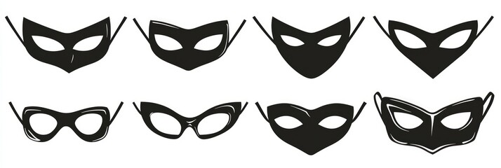 Black silhouette mask vector set in an ultra-wide format, isolated on white.
