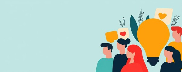 Naklejka premium A creative concept illustration featuring diverse people with a lightbulb, symbolizing ideas and collaboration.