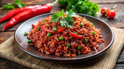 Spicy red rice dish with parsley garnish and red chili pepper