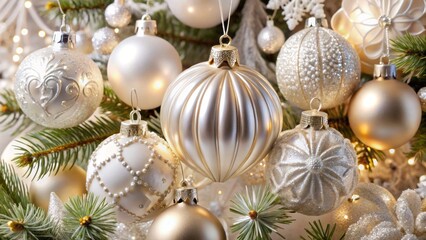 Elegance personified, these Christmas ornaments shine in metallic finishes, complemented by sheer whites, adding a touch of sophistication to your tree.