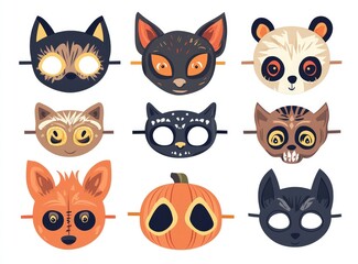 Fototapeta premium Simple vector set of Halloween masks for kids, with animal and spooky themes.