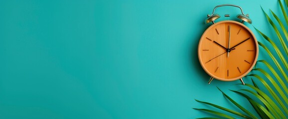 Wooden Alarm Clock with Green Palm Leaf on Blue Background