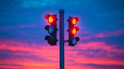 Red traffic lights against a dramatic sunset sky in a vibrant urban scene