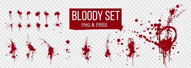 Vector set with realistic splashes and blood stains on transparent background. Big bloody marks and smudges. Dynamic blood splashes. large set traces of fresh blood. Realistic set numerous red spots