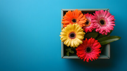 A square wooden box filled with colorful gerbera daisies against a light blue background.