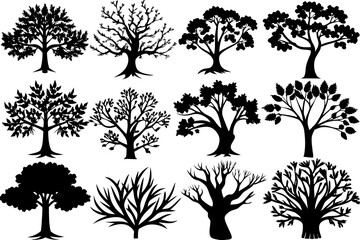 trees set, set of tree silhouettes, different kinds of trees sets of silhouettes,