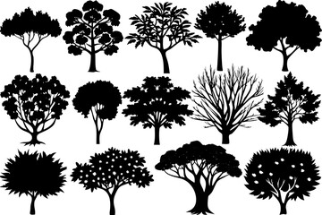 trees set, set of tree silhouettes, different kinds of trees sets of silhouettes,